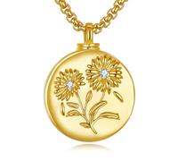 SOULMEET Personalized 9K 14K 18K Solid Gold Silver Daisy Cremation Memorial Gold Necklace for Ashes Holder sunflower Urn Pendant Jewelry Custom Engraved Keepsake Necklace for Loss of Loved One