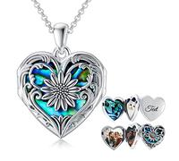 SOULMEET Personalized Abalone Sunflower Locket Necklace That Holds 3 Pictures Memory Photos Silver Lockets Custom Letters Engraving (Custom photo & text)