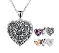 SOULMEET Personalized Sunflower Heart Locket Sterling Silver Necklace That Holds 4 Pictures Memory Photo Lockets Custom Any Photo (Custom photos & text)