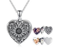 SOULMEET Personalized Sunflower Heart Locket Sterling Silver Necklace That Holds Up to 4 Pictures Memory Photo Lockets (Custom photos)