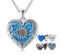 SOULMEET Personalized Sunflower Locket Necklace That Holds 3 Pictures, Sterling Silver Memory Photos Lockets with Blue Opal Letters Engraving (Custom photo & text)