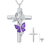 SOULMEET Purple Butterfly Cross Urn Necklace for Ashes Silver Moissanite Cross Butterfly Ashes Necklaces with Forever in My Heart Keepsake Cremation Locket Jewelry for Human (Non Custom)