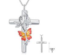 SOULMEET Red Butterfly Cross Urn Necklace for Ashes Silver Moissanite Cross Butterfly Ashes Necklaces with Forever in My Heart Keepsake Cremation Locket Jewelry for Human (Non Custom)