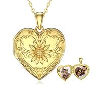 SOULMEET Sliver/9K 14K 18K Solid Yellow Gold Sunflower Heart Locket Necklace That Holds 2 Picture,Your Are My Sunshine (Custom photo)