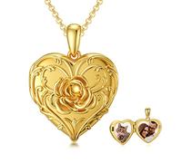 SOULMEET Solid Yellow Gold/Sterling Silver Personalized Rose Heart Shaped Locket Necklace That Holds Picture