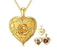 SOULMEET Solid Yellow Gold/Sterling Silver Personalized Rose Heart Shaped Locket Necklace That Holds Picture