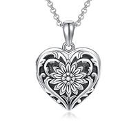 SOULMEET Sterling Silver Heart Shaped Locket Necklace That Holds 2 Pictures Memorial Photos Sunflower Pendant Necklace Jewelry Gifts for Women Girls(Locket only)