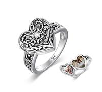 SOULMEET Sterling Silver Heart Sunflower Locket Ring That Holds Pictures Personalized Memorial Photo Locket Band Poison Locket Rings