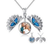 SOULMEET Sterling Silver Round Blue Butterfly Sunflower Locket Necklace That Holds 1 Picture Photo Personalized Expandable Locket Necklace (Custom Photo & Text)