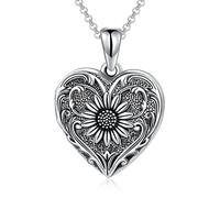 SOULMEET Sunflower Heart Locket Necklace That Holds 3 or 4 Picture, Sterling Silver Heart Shaped Picture Locket Necklace to Keep Family Members Near to You Mother's Day (Locket only)