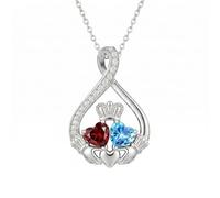 SOULMEET White Gold Two Heart Birthstone Claddagh Necklace for Women Irish Celtic Crown Hand Pendant Customizable 9K Gold 2 Heart Gemstones Birthday Anniversary Jewelry Gift for Her Mom Wife