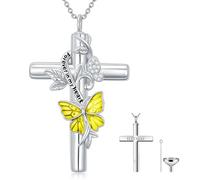 SOULMEET Yellow Butterfly Cross Urn Necklace for Ashes Silver Moissanite Cross Butterfly Ashes Necklaces with Forever in My Heart Keepsake Cremation Locket Jewelry for Human (Custom Text)