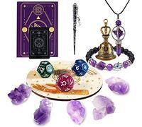 Soulnioi 13PCS Healing Crystal Stones Set, Amethyst Crystals Kit, Spiritual Crystals Gifts with Brass Bell, Astrological Dice, Scepter, Amethyst Necklace and Bracelet, for Meditation Spiritual Healing