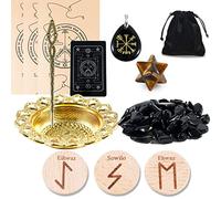 Soulnioi 13pcs Witchcraft Supplies Set, Obsidian Pendant, Obsidian Crushed Stones, Fortune Wishing Paper, Obsidian Mankaba, Scepter, Gold bowl, Wooden Rune Piece, Meditation Witch Decor (Obsidian)