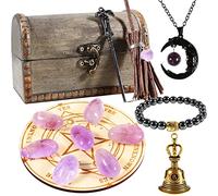 Soulnioi 14pcs Healing Crystal Set: 7pcs Tumbled Stones, Amethyst Pendant Necklace, Magic Divination Bell, Hematite Buddha Bracelet, Delicate Wood Box, Gifts for Meditation