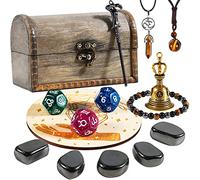 Soulnioi 15pcs Healing Crystal Set: Tiger Eye Stone Ball Necklace and Bracelet, Pendulum, Hematite Stones, Magic Scepter, Magic Divination Bells and Dice, Delicate Wood Box, Gifts for Meditation