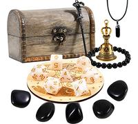 Soulnioi 18pcs Healing Crystal Set: Obsidian Stones, White Astrology Dices, Obsidian Bracelet and Necklace, Magic Divination Bell and Scepter, Energy Wood Plate, Wood Box, for Beginners/Meditation