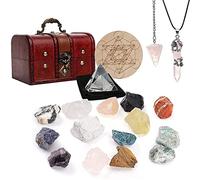Soulnioi 18pcs Natural Crystals and Healing Stones Kits: 14PCS Raw Chakra Stones, Rose Quartz Necklace and Pendulum, Crystal Pyramid, for Beginners Wicca Reiki Yoga Meditation