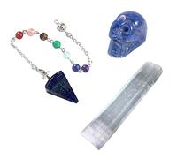 Soulnioi 1pc Blue Aventurine Carved Skull, 1pc Natural Selenite Crystal Stick White Quartz Wand and 1pc 7 Chakra Beads Chain Lapis Lazuli Hexagonal Pillar Conical Pendulum for Dowsing Divination