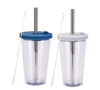 Soulnioi 2 Pack Boba Glass Cup with Straw and Lid, 450ml Insulated Tumbler Bubble Tea Cup (Grey+Navy)