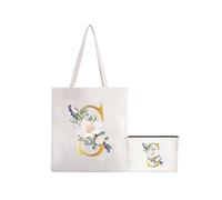 soulnioi 2pcs Cotton Tote Bag Reusable Shopping Bag(tote bag+makeup bag), Personalized Floral Letters Printed Bag for Women/Men, Reusable Canvas Beach Bag for Daily/Travel/Grocery/Picnic (S)
