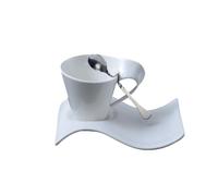 Soulnioi 3PCS Cappuccino Set - Wave Shaped White Saucer Mug for Latte Coffee, Arty Kitchen Home Breakfast Cutlery With Spoon (90ML Cup)
