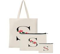 Soulnioi 3pcs Cotton Tote Bag Reusable Shopping Bag(tote bag+makeup bag+coin bag), Personalized Floral Letters Printed Bag for Women/Men, Reusable Canvas Beach Bag for Daily/Travel/Grocery/Picnic (S)