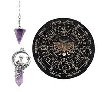 Soulnioi 3pcs Witchcraft Kit Wiccan Altar Supplies Kit: Wooden Pendulum Round Black Board Engraved Pattern+Amethyst Pendulum+Amethyst Hexagonal Necklace Pendant, for Divination