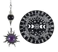 Soulnioi 3pcs Witchcraft Kit Wiccan Altar Supplies Kit: Wooden Pendulum Round Black Board Engraved Pattern+Amethyst Round Spiritual Pendulum+Amethyst Sun Necklace Pendant, for Divination