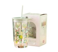 soulnioi 400ML Green Glass Tumbler with Scale,Straw and Lid,Portable Glass Drinking Jar with Pattern, for Coffee Juice Milkshake (Green)