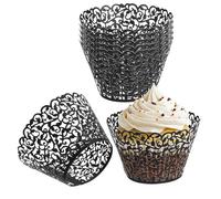 Soulnioi 50pcs Decorative Lace Cupcake Wrappers - Laser Cut Display Sleeves for Weddings, Parties and Bakery Use - Recyclable Paper Cases (Black)