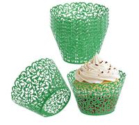Soulnioi 50pcs Decorative Lace Cupcake Wrappers - Laser Cut Display Sleeves for Weddings, Parties and Bakery Use - Recyclable Paper Cases (Dark Green)