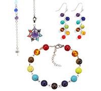 Soulnioi 7 Chakra Ball Beads Colorful Stone 6MM Dangle Drop Earrings, Colorful Seven Chakra Beaded Adjustable Bracelet and Seven Chakra Hexagram Amethyst Pendulum Pendant Chain