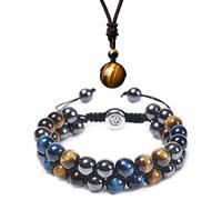 Soulnioi 8MM Double Row Bracelet Tiger Eye Hematite and Black Obsidian and for Good Luck Prosperity Happiness and 16MM Natural Tiger Eye Pendant Necklace for Blessing Protection Chakra