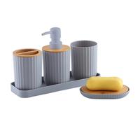 Soulnioi Bathroom Accessory Set, 5pcs Plastic Bath Countertop Decoration Accessories with Toothbrush Holder, Mouthwash Cup, Lotion Dispenser, Soap Dish and Vanity Tray - Grey