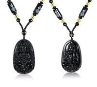 Soulnioi Black Obsidian Necklace Hand Carved Pendant Necklace Sweater Ice Necklace Buddha Pendant Men's Pendant Women's Sweater Chain Accessories 2PCS
