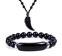 Soulnioi Black Onyx Crystal Bridge Beaded Bracelet and Vintage Obsidian Wolf Tooth Pendant Necklace
