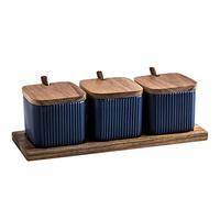 soulnioi Blue Ceramic Combination Seasoning Jar in 3,Square Seasoning Jar With Spoon,Ceramic Spice Jar With Wood Lid Salt Container Sugar Bowl