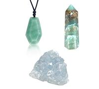 Soulnioi Blue Crystal Hexagonal Wand, Natural Raw Blue Celestite Mineral Irregular Healing Crystal Cluster and Green Aventurine Pendant Hanging Black Cord, for Meditation Therapy Ornament Decoration