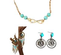 Soulnioi Boho Turquoise Earrings Vintage Copper Hoop Sunflower Drop Earrings, Boho Turquoise Bird Feather Tassel Earrings and Simple Turquoise Beaded Infinity Anklet Number 8
