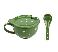 soulnioi Ceramic Cereal Soup Cup, 480ML Coffee Mug with Lid and Spoon, Microwave Polka Dot Breakfast Bowls, Large Cappuccino Tea Soup Mugs with Handle - Green