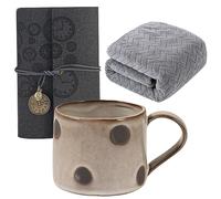 soulnioi Ceramic Coffee Mug Creative Polka Dots Cup Vintage Cute Water Drink Cup, Dark Grey Cotton Absorbent Towels, Dark Grey A6 Vintage Leather Journal Notebook for Birthday Gift