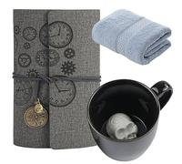 soulnioi Ceramic Coffee Mug Creative Skull Black Cup Cute Water Drink Cup, Light Grey Absorbent Face Towels Washcloth, Grey A6 Vintage Leather Journal Notebook for Birthday Gift