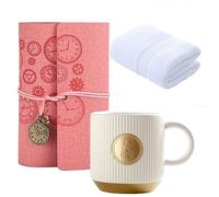 soulnioi Ceramic Coffee Mug Creative Vertical White Cup Cute Water Drink Cup, White Absorbent Face Towels Washcloth, Pink A6 Vintage Leather Journal Notebook for Birthday Gift