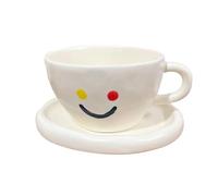 Soulnioi Ceramic Coffee Mug, Cute Smiley Face Cappuccino Cup with Saucer, 300ML Breakfast Oatmeal Cup Creative Tea Milk Cup for Gift - White