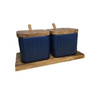 soulnioi Ceramic Combination Seasoning Jar in 2,Square Seasoning Jar With Spoon,Ceramic Spice Jar With Wood Lid Salt Container Sugar Bowl Blue