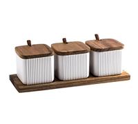 soulnioi Ceramic Combination Seasoning Jar in 3,Square Seasoning Jar With Spoon,Ceramic Spice Jar With Wood Lid Salt Container Sugar Bowl White