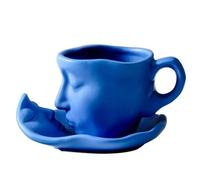 soulnioi Ceramic Tea Cup and Saucer Set Human Face Kissing Couple Coffee Mug Teacup (260ml), Creative Gift for Friends/Family (Blue)