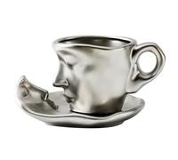soulnioi Ceramic Tea Cup and Saucer Set Human Face Kissing Couple Coffee Mug Teacup (260ml), Creative Gift for Friends/Family (Silver)