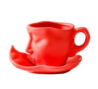 Soulnioi Ceramic Tea Cup and Saucer Set Human Face Kissing Couple Coffee Mug Teacup (260ml), Creative Gift for Friends/Family (Red)